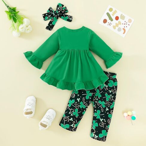 AGQT طقم ملابس للفتيات الصغيرات لعيد القديس باتريك الأول مكون من 3 قطع بأكمام طويلة مكشكشة وعصابة رأس وسروال برسيم مقاس 6 M -3 T in Kuwait