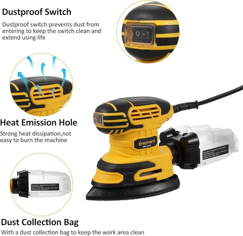 ماكينة صنفرة كهربائية، ماكينة صنفرة تفاصيل 220 وات 13000 OPM ماكينة سنفرة كهربائية مدمجة مع مجمع غبار 1.6 أمبير، ماكينة سنفرة كهربائية مع 20 قطعة من ورق الصنفرة وصندوق غبار شفاف للمساحات الضيقة لأعمال النجارة in Kuwait