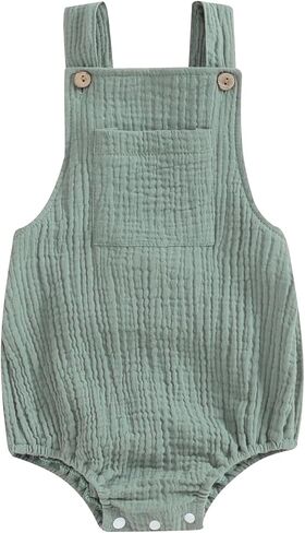 Infant Baby Boy Girl Romper Bodysuit Cotton Linen Suspender Overalls Solid Sleeveless Square Neck Summer Outfits in Kuwait