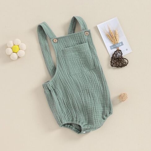 Infant Baby Boy Girl Romper Bodysuit Cotton Linen Suspender Overalls Solid Sleeveless Square Neck Summer Outfits in Kuwait
