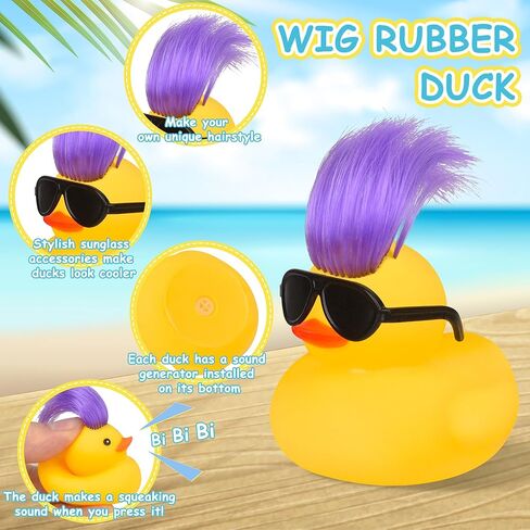 ألعاب حمام البط المطاطي مع شعر مستعار ونظارات شمسية وردية، 12 قطعة من البط المطاطي الصغير اللطيف والمضحك ألعاب حوض الاستحمام لهدايا أعياد الميلاد في الصيف وعطلة السباحة وحفلات البط البحرية (نمط عشوائي) in Kuwait