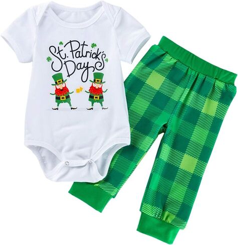 AGQT Infant Baby Girls Boys St. Patrick's Day Green Shamrock Outfit 2PCs Bodysuit Romper Pant Set 0-24 Months in Kuwait