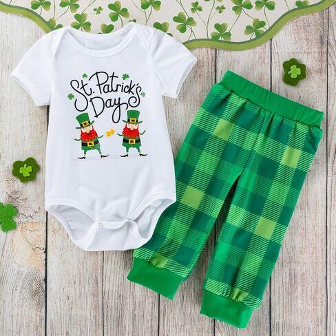 AGQT Infant Baby Girls Boys St. Patrick's Day Green Shamrock Outfit 2PCs Bodysuit Romper Pant Set 0-24 Months in Kuwait