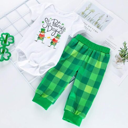 AGQT Infant Baby Girls Boys St. Patrick's Day Green Shamrock Outfit 2PCs Bodysuit Romper Pant Set 0-24 Months in Kuwait