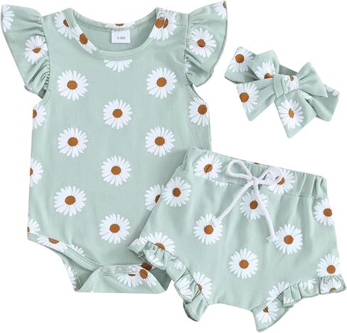 الوليد طفلة ملابس الصيف لطيف ديزي طباعة يطير كم رومبير شورت مكشكش مجموعة عصابات رأس الرضع 3 قطعة وتتسابق in Kuwait