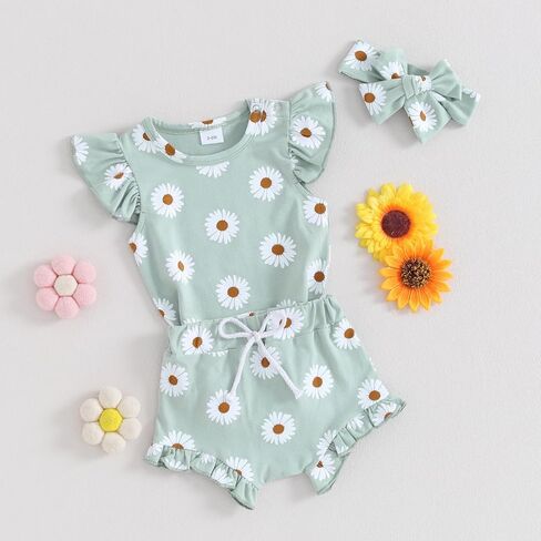 الوليد طفلة ملابس الصيف لطيف ديزي طباعة يطير كم رومبير شورت مكشكش مجموعة عصابات رأس الرضع 3 قطعة وتتسابق in Kuwait