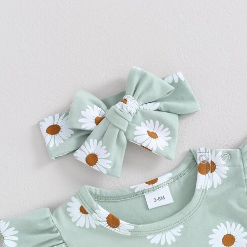 الوليد طفلة ملابس الصيف لطيف ديزي طباعة يطير كم رومبير شورت مكشكش مجموعة عصابات رأس الرضع 3 قطعة وتتسابق in Kuwait