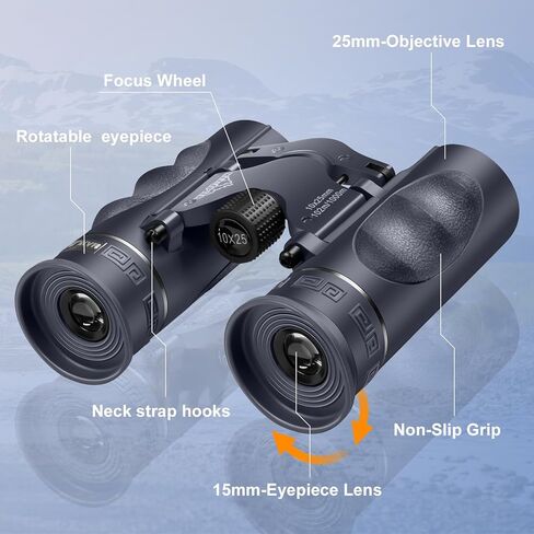 10x25 HD Binoculars for Adults Kids, Compact Binoculars with Case for Outdoor Sports, Hunting, Travel, Concerts, Bird Watching, Low Light Night Vision, BAK4 Prism, Roof Prism in Kuwait