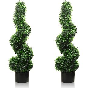 4FT Artificial Spiral Boxwood,Topiary Trees Artificial Outdoor-Indoor Outdoor Decor - Plastic Pots - Set of 2