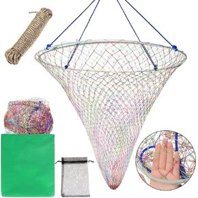 Bridge and Pier Fishing Net Heavy-Duty Design for Big Fish Portable Fishing Cast Net with Rope, Coarse Soft Steel Hoop, Colorful or Gray Dual-Line Construction Drop Net/Rope/Storage Bag (Gray)