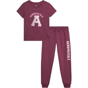 AEROPOSTALE Girls' Activewear Set - Short Sleeve Jersey Cotton Shirt & Fleece Jogger Pants - 2 Piece Girls Sweatsuit, 7-16