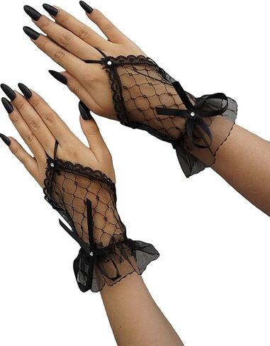 Women's Fingerless Short Lace Bow Mesh Sheer Gloves Adult Wedding Tea Party Halloween Costume Goth Steampunk Cosplay Accessories 2024 in Saudi Arabia