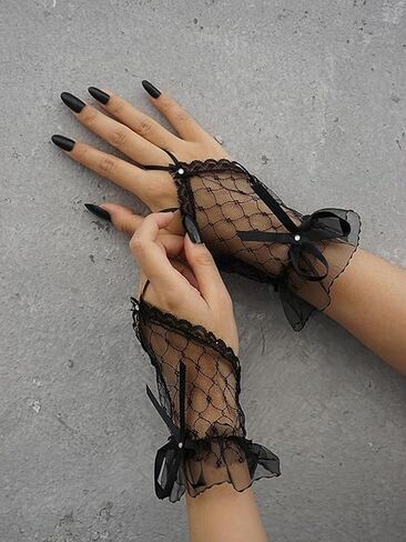 Women's Fingerless Short Lace Bow Mesh Sheer Gloves Adult Wedding Tea Party Halloween Costume Goth Steampunk Cosplay Accessories 2024 in Saudi Arabia