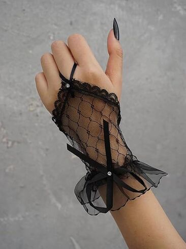 Women's Fingerless Short Lace Bow Mesh Sheer Gloves Adult Wedding Tea Party Halloween Costume Goth Steampunk Cosplay Accessories 2024 in Saudi Arabia