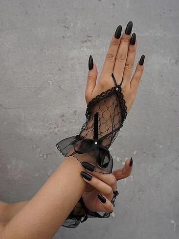Women's Fingerless Short Lace Bow Mesh Sheer Gloves Adult Wedding Tea Party Halloween Costume Goth Steampunk Cosplay Accessories 2024 in Saudi Arabia