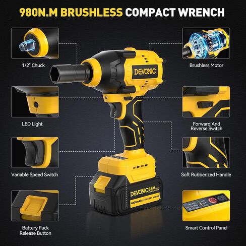 Devonic Cordless Impact Wrench,330ft-Lbs(450N.m) 21V Brushless Power Impact Wrenches,2800RPM High Torque Impact Gun with 2x 4000mAh Batteries, Charger, Electric Impact Wrench For Car Home (450N) in Saudi Arabia