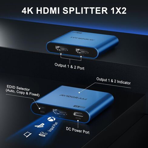 HDMI Splitter 1 in 2 Out 4K 60Hz 4:4:4, AVIDGRAM HDMI 2 Port Splitter with Copy, Downscaler, and Auto Mode for Dual Identical Display, Compatible with Xbox, PS4 Pro, PS5 (Gray) in Saudi Arabia