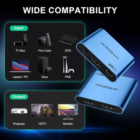 HDMI Splitter 1 in 2 Out 4K 60Hz 4:4:4, AVIDGRAM HDMI 2 Port Splitter with Copy, Downscaler, and Auto Mode for Dual Identical Display, Compatible with Xbox, PS4 Pro, PS5 (Gray) in Saudi Arabia