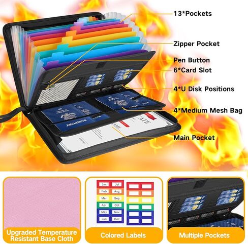 Fireproof File Folder Organizer 13 Pocket Important Document Organizer Binder Folio,Expanding Accordion File Storage Bag for Business and Family with Multi-Pockets & Labels Filing A4 Paper in Saudi Arabia