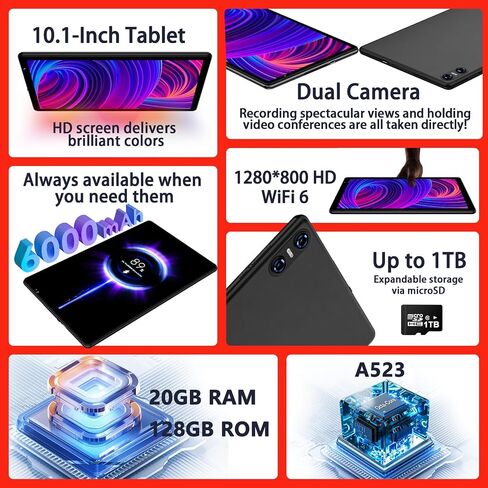 Android 14 Tablet Newest 10.1 inch Tablets,20GB RAM 128GB ROM 1TB Expand,Octa-Core Processor,Dual Camera,WiFi 6,GPS,Bluetooth 5.0,6000mAh Long Battery Life with Keyboard/Mouse-Grey in Saudi Arabia