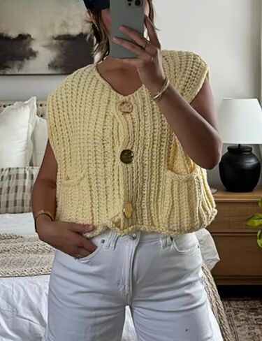 Womens Button Down Crop Sweater Vest Sleeveless Cable Knit Cropped Cardigan with Pockets(Red-M) in Saudi Arabia