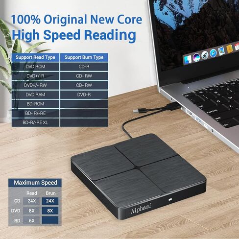 محرك أقراص مضغوطة خارجي، USB 3.0 ونوع C، محرك أقراص DVD خارجي محمول، محرك أقراص DVD رفيع، مشغل قارئ DVD +/-RW لأجهزة Mac، والكمبيوتر الشخصي، والكمبيوتر المحمول، وسطح المكتب، وMacOS، وWindows XP/7/8/10/11 in Kuwait