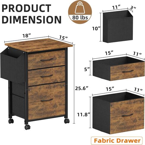 3 Fabric Drawer File Cabinet with 18'' Extended Board, Mobile Filing Cabinet Fits A4/Letter Size Files, Rolling Printer Stand with Storage Bag, File Cabinet for Home Office, Grey in Saudi Arabia