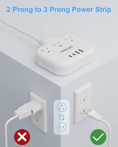 شريط طاقة ذو شقين مع USB C، محول منفذ ذو شقين إلى 3 شقوق، شريط طاقة ذو شقين مع 3 منافذ و4 USB (2 USB-C)، سلك تمديد 4 أقدام، مخرج 2 شوكة، مستقطب، للمنزل القديم، أبيض in Saudi Arabia
