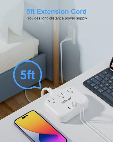 شريط طاقة ذو شقين مع USB C، محول منفذ ذو شقين إلى 3 شقوق، شريط طاقة ذو شقين مع 3 منافذ و4 USB (2 USB-C)، سلك تمديد 4 أقدام، مخرج 2 شوكة، مستقطب، للمنزل القديم، أبيض in Saudi Arabia