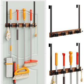 Broom Holder Over the Door, Wood Broom and Mop Rack, Over the Door Broom Holder, Drilling-Free Mop and Broom Holder with 2 Hooks for Garage, Laundry Room Broom Hanger and Storage Tool, Brown