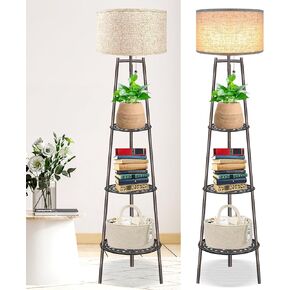 Floor Lamp with Shelves for Living Room， Standing Lamp，Tall Lamp， Amparas Elegantes para Sala with Linen Shade，Modern Floor Lamp for Living Room，Bedroom or Office（Black Floor Lamp）