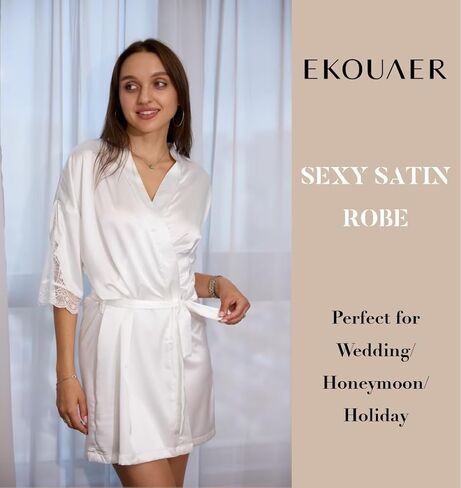 Ekouaer رداء نسائي من الساتان مثير من الدانتيل ملابس نوم حريرية لوصيفة العروس ملابس نوم كيمونو 3/4 كم ملابس نوم in Kuwait