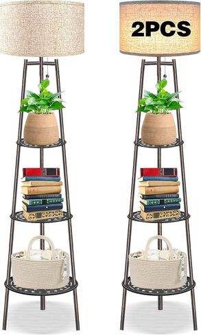 Floor Lamp with Shelves for Living Room， Standing Lamp，Tall Lamp， Amparas Elegantes para Sala with Linen Shade，Modern Floor Lamp for Living Room，Bedroom or Office（Black Floor Lamp） in Saudi Arabia