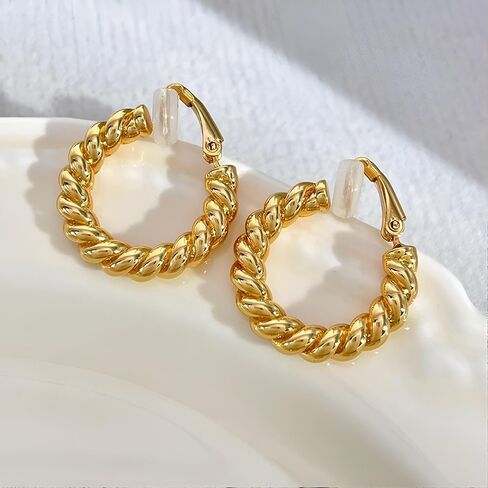 Gold Clip On Hoop Earrings for Women Chunky Hoop Clip Earrings Trendy Hypoallergenic Non Pierced Earrings in Saudi Arabia