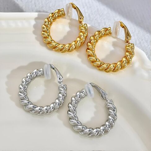 Gold Clip On Hoop Earrings for Women Chunky Hoop Clip Earrings Trendy Hypoallergenic Non Pierced Earrings in Saudi Arabia