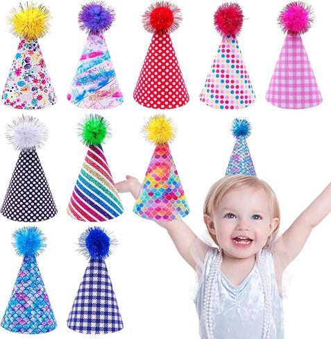 10 Pcs Large Cone Party Hats Adjustable Children Reusable Birthday Party Hats Supplies Glitter Decorations Pom-pom Party Hats for Kids Adults L in Saudi Arabia