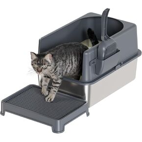 Stainless Steel High Sided Cat Litter Box, Extra Large Cat Litter Box Enclosure for Big Multiple Cats with Lid, Easy to Clean, Gray Non-Sticky, Include Litter Mat & Scoop (24''x16''x6'')