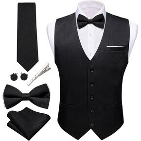 Barry.Wang Mens Suit Vest Linen Formal/Casual V-neck Waistcoat Tie Bow Tie Set Solid Color 6PC Wedding Party Tuxedo