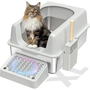 2 Pack Stainless Steel Cat Litter Box, Enclosed Metal Litter Box with Lid, XL Extra Large Cat Litter Box for Big Cats, Non-Sticky High Side Kitty Litter Box (2Pack White&LightGrey)
