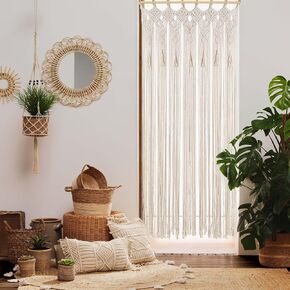 Boho Macrame Curtain Handmade String Curtain with Tassel Large Macrame Wall Hanging Boho Room Divider Art Decor for Living Room Bedroom Bohemian Wedding Party Decor, 2 Panels 79" L x 35" W