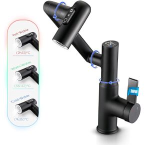 Bathroom Sink Faucet, XIANPIOO Rotatable Faucets with Temperature Display (Batteries-Free, Celsius), 3 Water Settings, 6'' Deckplate & Single Handle for Bathroom Sink 1 Hole, Matte Black, LCF001