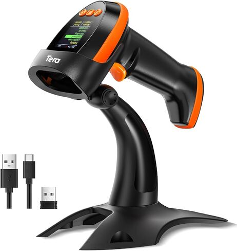 Tera Barcode Scanner Wireless 2D مع حامل: إصدار Pro، لوحة مفاتيح شاشة الإعداد الرقمي تعمل مع بلوتوث 2.4G لاسلكي USB سلكي، سرعة مسح ضوئي فائقة السرعة، قارئ الرمز الشريطي المحمول HW0009-Z in Saudi Arabia