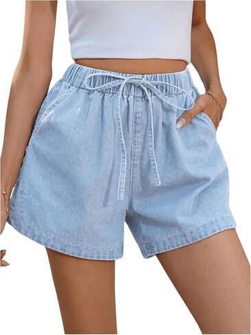 OYOANGLE Women's Elastic Waist Tie Front Straight Leg Denim Shorts Casual Jean Shorts with Pocket in Saudi Arabia