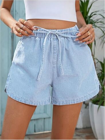 OYOANGLE Women's Elastic Waist Tie Front Straight Leg Denim Shorts Casual Jean Shorts with Pocket in Saudi Arabia