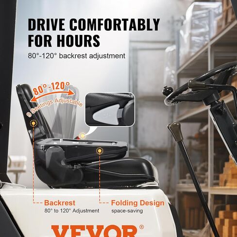 VEVOR Universal Forklift Seat, Fold Down Tractor Seat with Adjustable Angle Back, Micro Switch and Retractable Seatbelt, 6.3-13.4 inch Slot Forklift Seat for Tractor Loader Excavator in Saudi Arabia