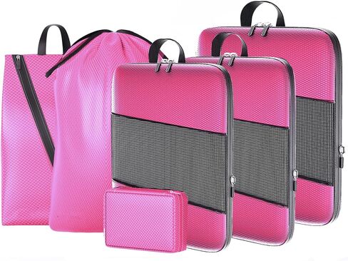 6 Set Compression Packing Cubes for Suitcases, Space-Saving Packing Cubes for Travel, Durable Suitcase Organizer Bags Set for Travel Essentials, Double Zipper Compression Packing Cubes,Black in Saudi Arabia