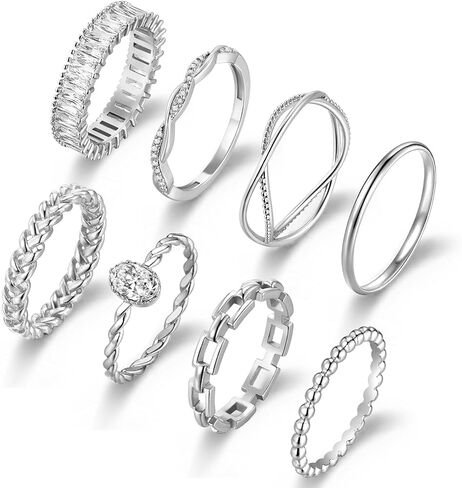 8Pcs Emerald Cut Eternity Stackable 14K Gold Rings for Women - Baguette Ring, Dainty Rings for Women, Non-Tarnish Gold Rings, Stackable Rings for Women & Fashion Rings Set in Saudi Arabia