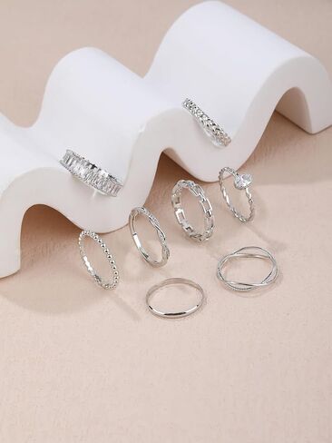 8Pcs Emerald Cut Eternity Stackable 14K Gold Rings for Women - Baguette Ring, Dainty Rings for Women, Non-Tarnish Gold Rings, Stackable Rings for Women & Fashion Rings Set in Saudi Arabia