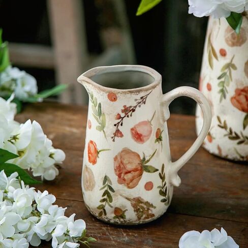 Ceramic Rustic Farmhouse Pitcher - Vase, Distressed Decorative Large Vase for Home Decor, Kitchen, Bedroom Office Living Room, Bathroom Coffee Table Centerpiece Decoration, Mantle & Shelf Decor in Kuwait