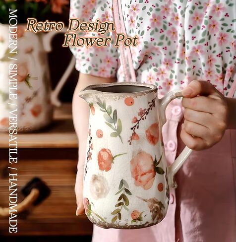 Ceramic Rustic Farmhouse Pitcher - Vase, Distressed Decorative Large Vase for Home Decor, Kitchen, Bedroom Office Living Room, Bathroom Coffee Table Centerpiece Decoration, Mantle & Shelf Decor in Kuwait